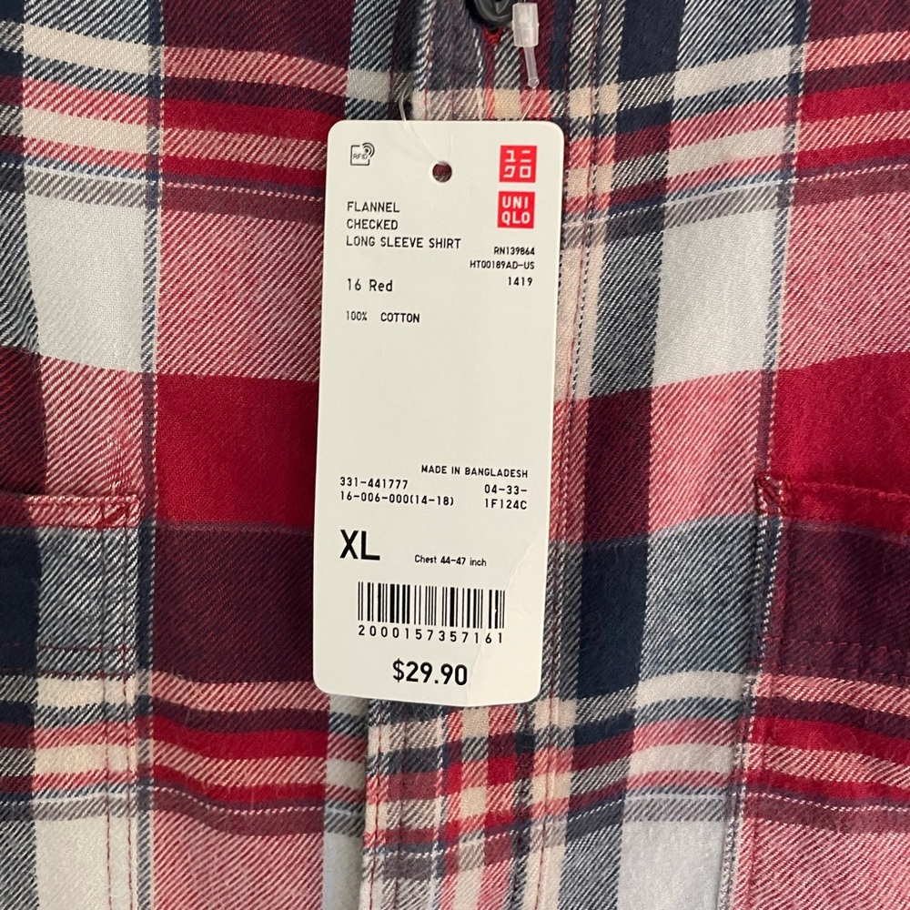 Men’s UNIQLO Dark Red Plaid Flannel Shirt, New with Tags, Size XL - Picture 3 of 5